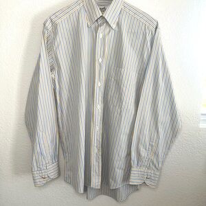 Hermes Men's Blue and Yellow Striped Dress Shirt